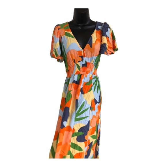 Anthropologie ATL multicolor flutter sleeve button bodice smocked dress size M - Picture 9 of 15